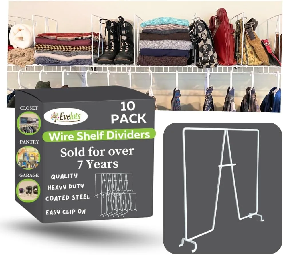 Evelots Wire Shelf Dividers -10 Pack- Closet Storage & Organization for Office/Pantry/Garage - Tall Shelf Separator - Easy Clip-No Tool - Solid Coated Steel