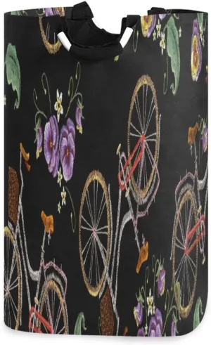 Exnundod Laundry Hamper Embroidery Bicycle Laundry Basket Collapsible Laundry Bag Basket Flowers Cloth Hamper Towel Basket Large Storage Bag for Dorm Bedroom