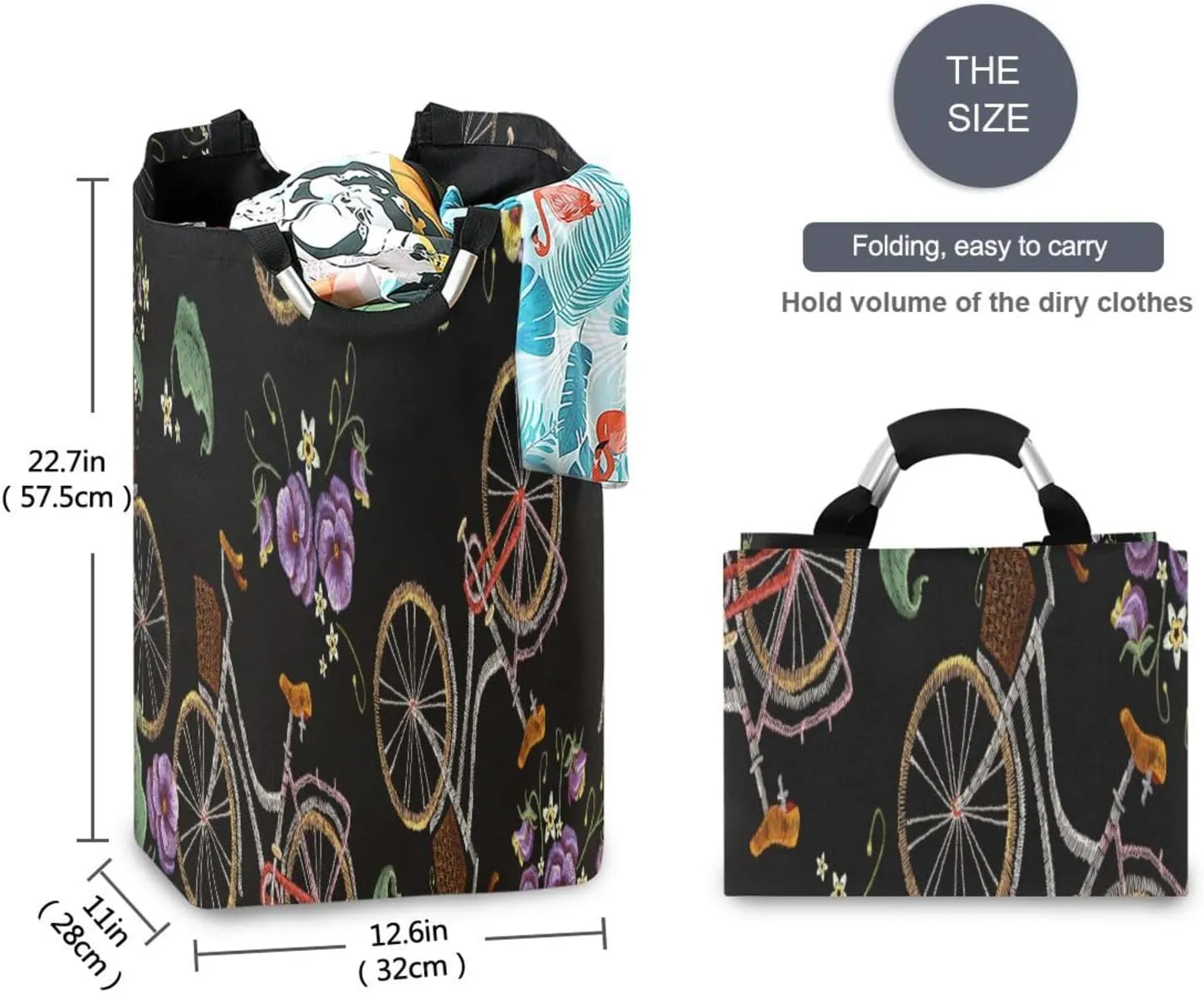 Exnundod Laundry Hamper Embroidery Bicycle Laundry Basket Collapsible Laundry Bag Basket Flowers Cloth Hamper Towel Basket Large Storage Bag for Dorm Bedroom