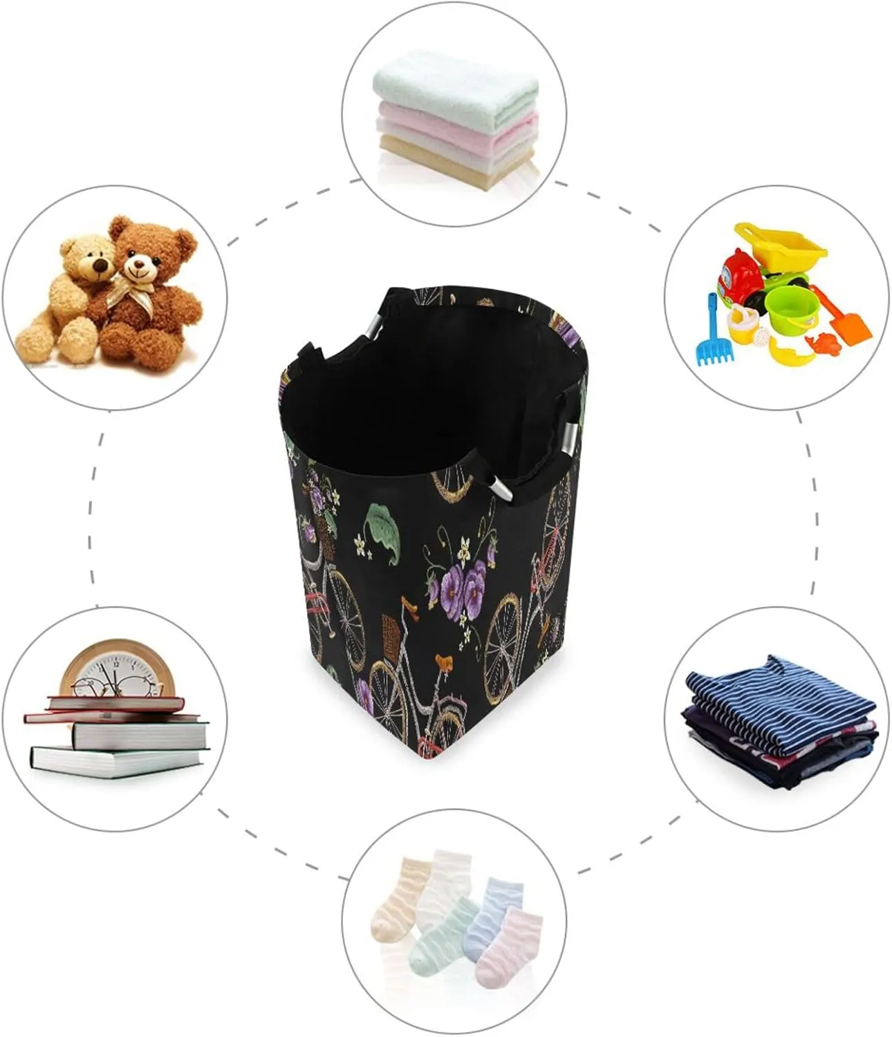 Exnundod Laundry Hamper Embroidery Bicycle Laundry Basket Collapsible Laundry Bag Basket Flowers Cloth Hamper Towel Basket Large Storage Bag for Dorm Bedroom