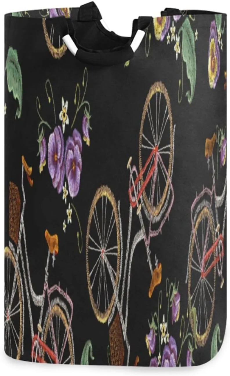 Exnundod Laundry Hamper Embroidery Bicycle Laundry Basket Collapsible Laundry Bag Basket Flowers Cloth Hamper Towel Basket Large Storage Bag for Dorm Bedroom