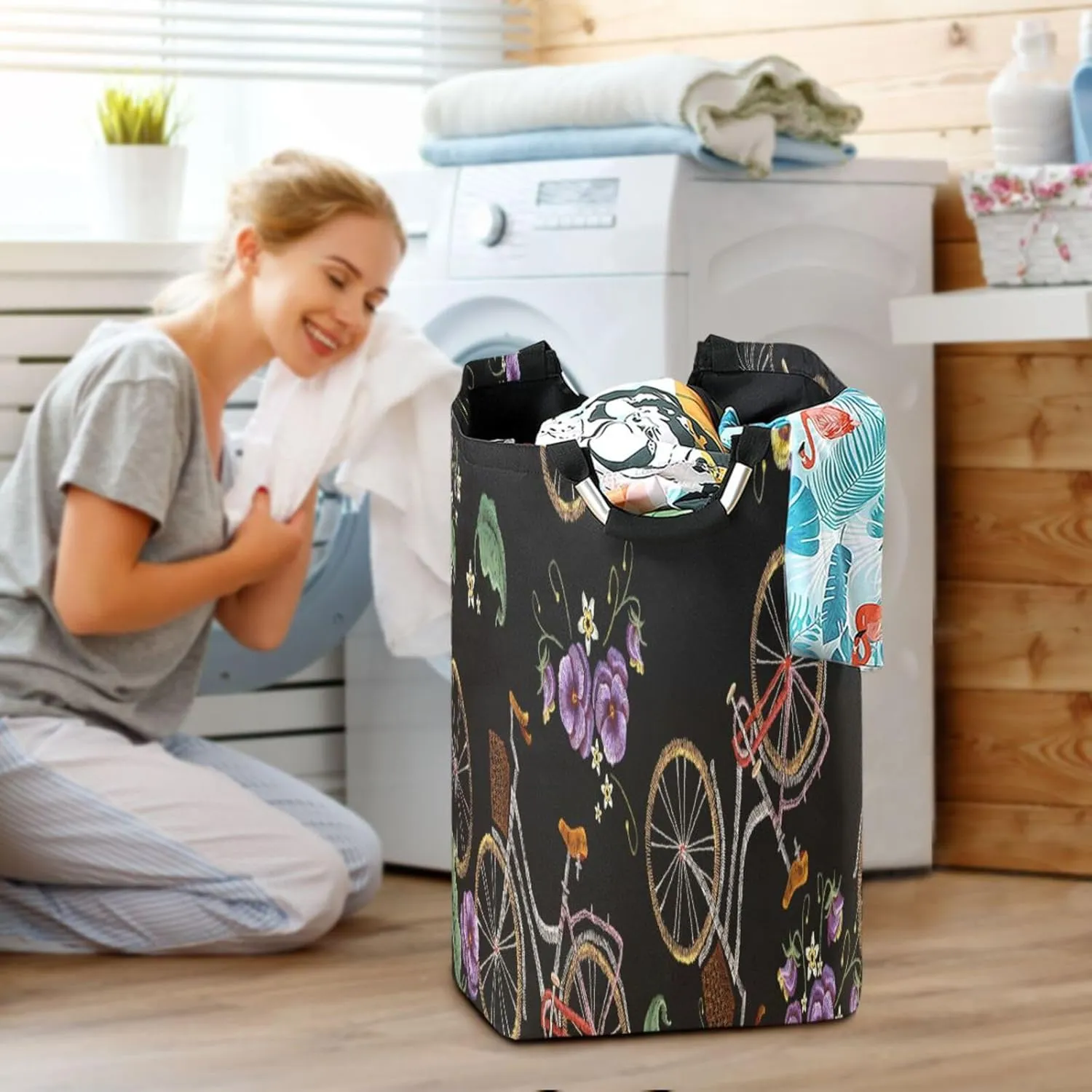 Exnundod Laundry Hamper Embroidery Bicycle Laundry Basket Collapsible Laundry Bag Basket Flowers Cloth Hamper Towel Basket Large Storage Bag for Dorm Bedroom