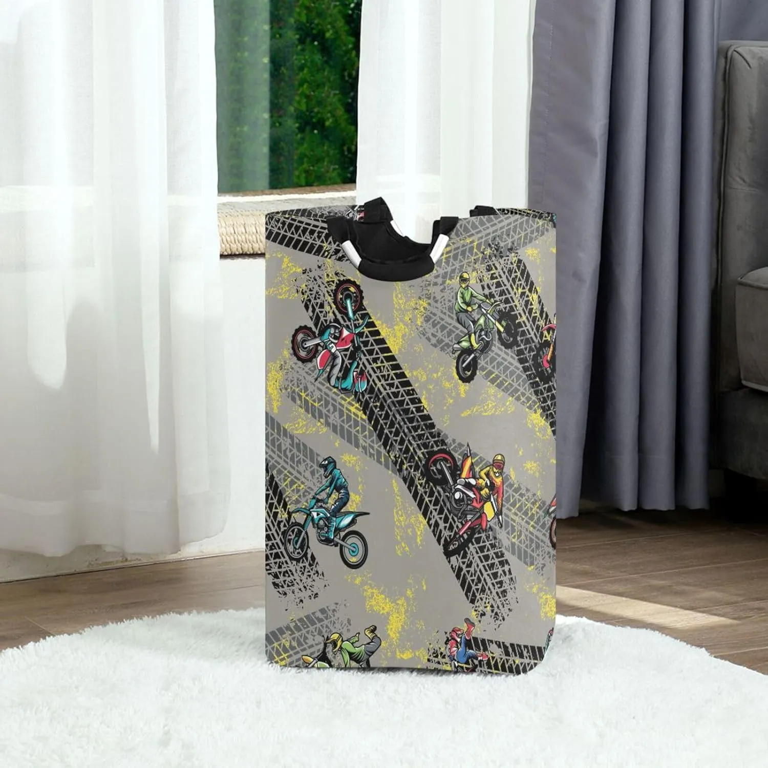 Exnundod Laundry Hamper Motocross Seamless Pattern Laundry Basket Collapsible Laundry Bag Grunge Road Lines Cloth Hamper Towel Basket Large Storage Bag for Dorm Bedroom