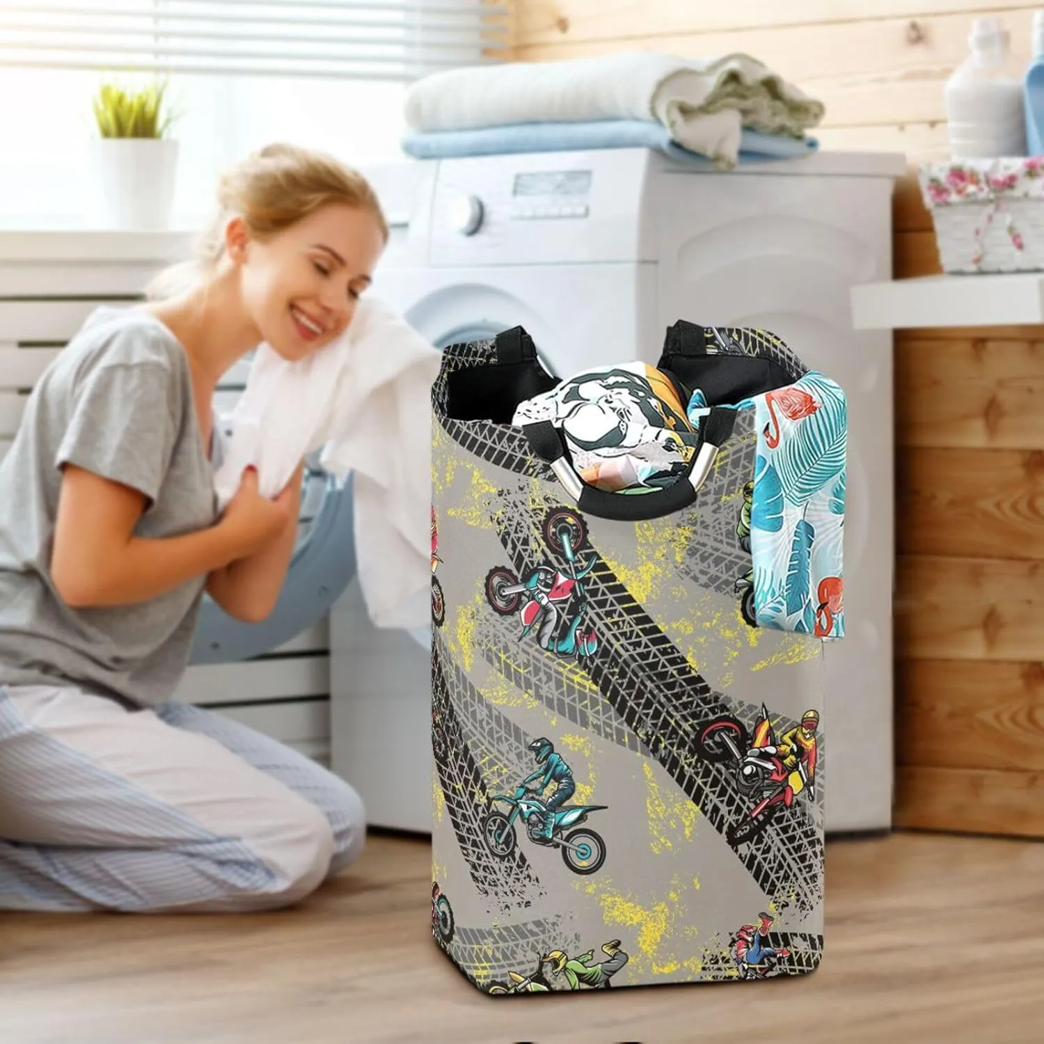 Exnundod Laundry Hamper Motocross Seamless Pattern Laundry Basket Collapsible Laundry Bag Grunge Road Lines Cloth Hamper Towel Basket Large Storage Bag for Dorm Bedroom