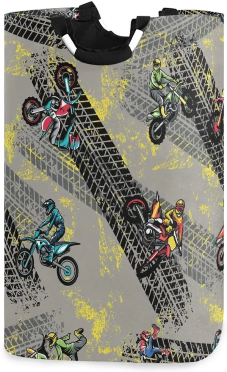 Exnundod Laundry Hamper Motocross Seamless Pattern Laundry Basket Collapsible Laundry Bag Grunge Road Lines Cloth Hamper Towel Basket Large Storage Bag for Dorm Bedroom
