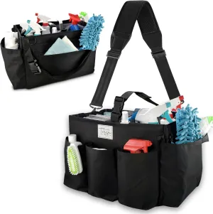 Extra Large Wearable Cleaning Caddy Bag with Handle, Detachable Dividers, Shoulder and Waist Straps, Cleaner Organizer Tote for Housekeepers, Cleaning Supplies Organizer and Storage (BLACK)