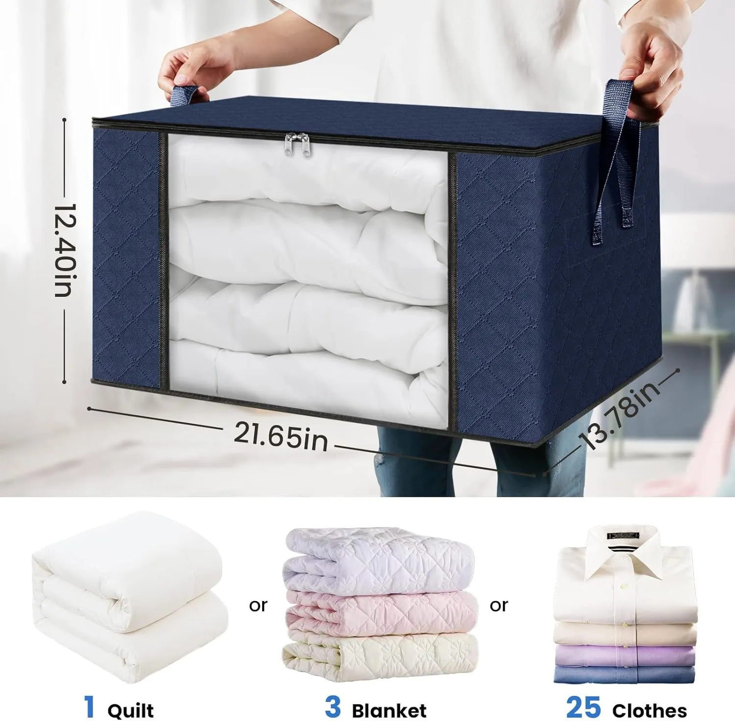 Fab totes 10 Pack Clothes Storage, Foldable Thick Fabric Blanket Storage Bags, Containers for Organizing Bedroom, Closet, Clothing, Comforter,Closet Organization with Handle,Blue