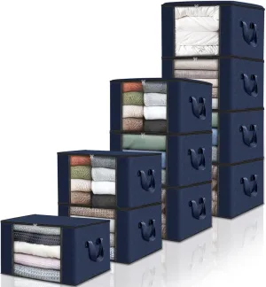 Fab totes 10 Pack Clothes Storage, Foldable Thick Fabric Blanket Storage Bags, Containers for Organizing Bedroom, Closet, Clothing, Comforter,Closet Organization with Handle,Blue