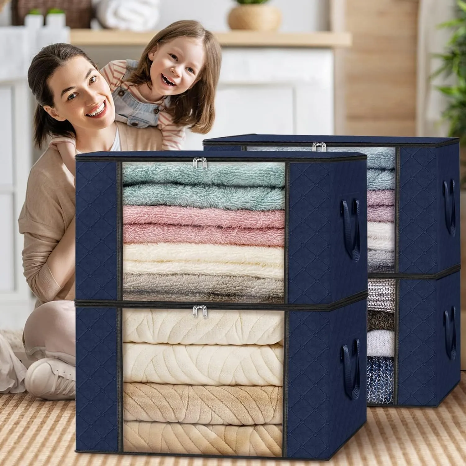 Fab totes 10 Pack Clothes Storage, Foldable Thick Fabric Blanket Storage Bags, Containers for Organizing Bedroom, Closet, Clothing, Comforter,Closet Organization with Handle,Blue