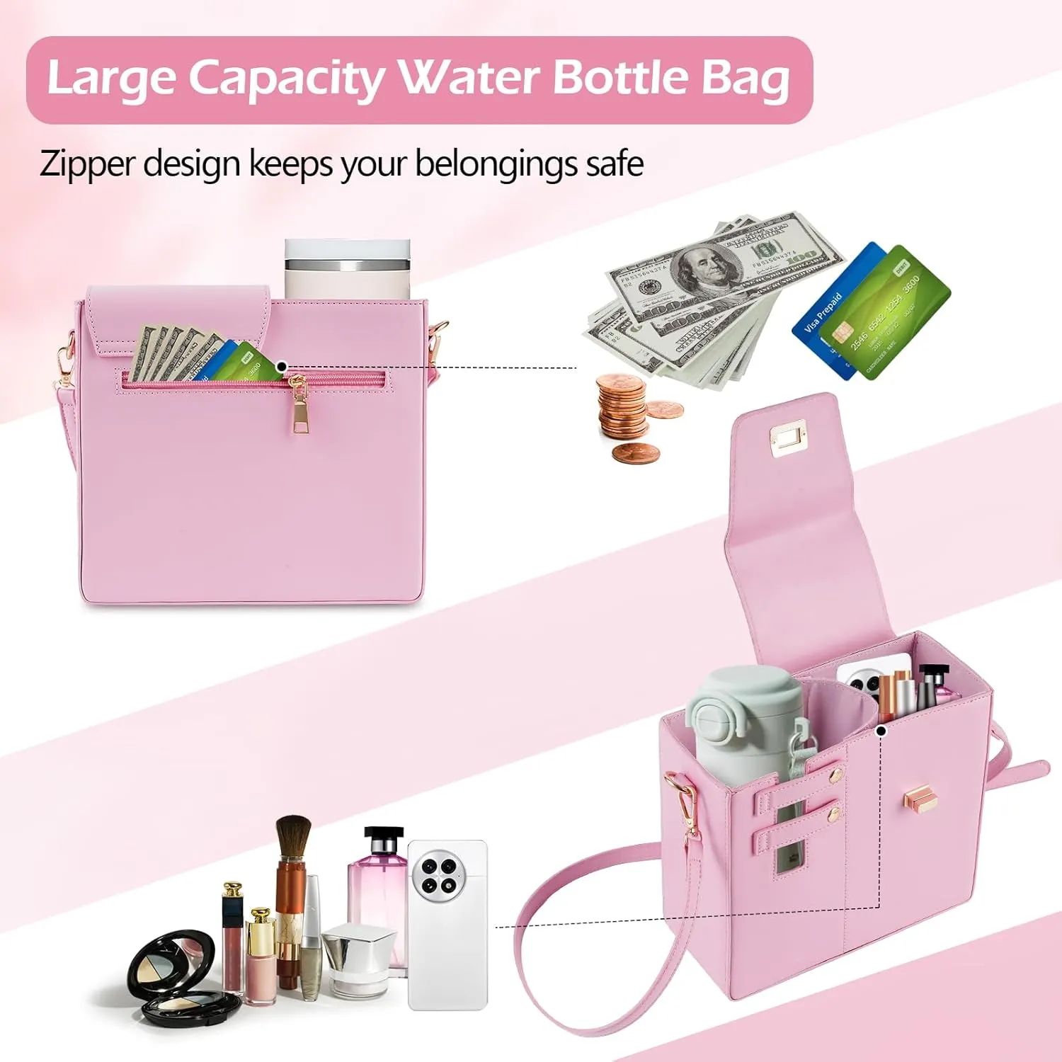 FACULX Outdoor Portable Crossbody Water Cup Storage Bags, Adjustable Crossbody Cup Holder Bag with Coin Purse and 2Pcs Replaceable Bag Strap for Travel Daily Use (Pink)