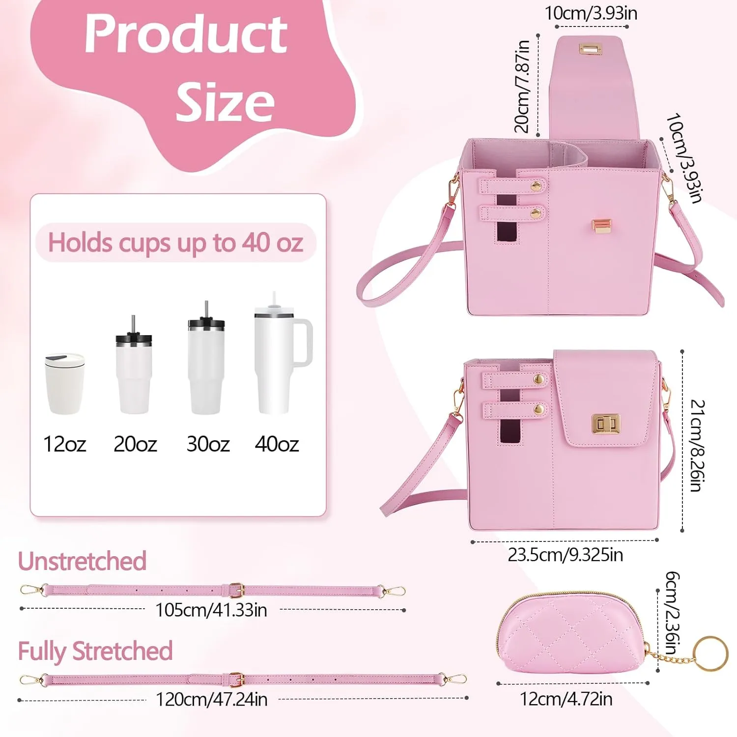 FACULX Outdoor Portable Crossbody Water Cup Storage Bags, Adjustable Crossbody Cup Holder Bag with Coin Purse and 2Pcs Replaceable Bag Strap for Travel Daily Use (Pink)