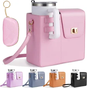 FACULX Outdoor Portable Crossbody Water Cup Storage Bags, Adjustable Crossbody Cup Holder Bag with Coin Purse and 2Pcs Replaceable Bag Strap for Travel Daily Use (Pink)