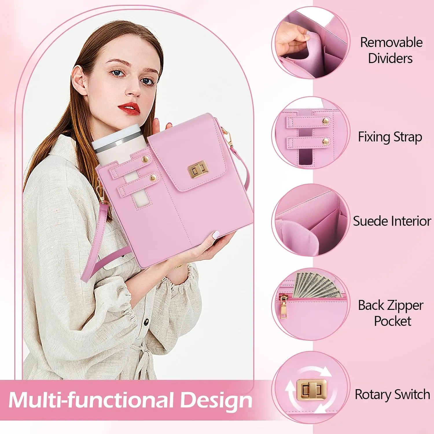 FACULX Outdoor Portable Crossbody Water Cup Storage Bags, Adjustable Crossbody Cup Holder Bag with Coin Purse and 2Pcs Replaceable Bag Strap for Travel Daily Use (Pink)