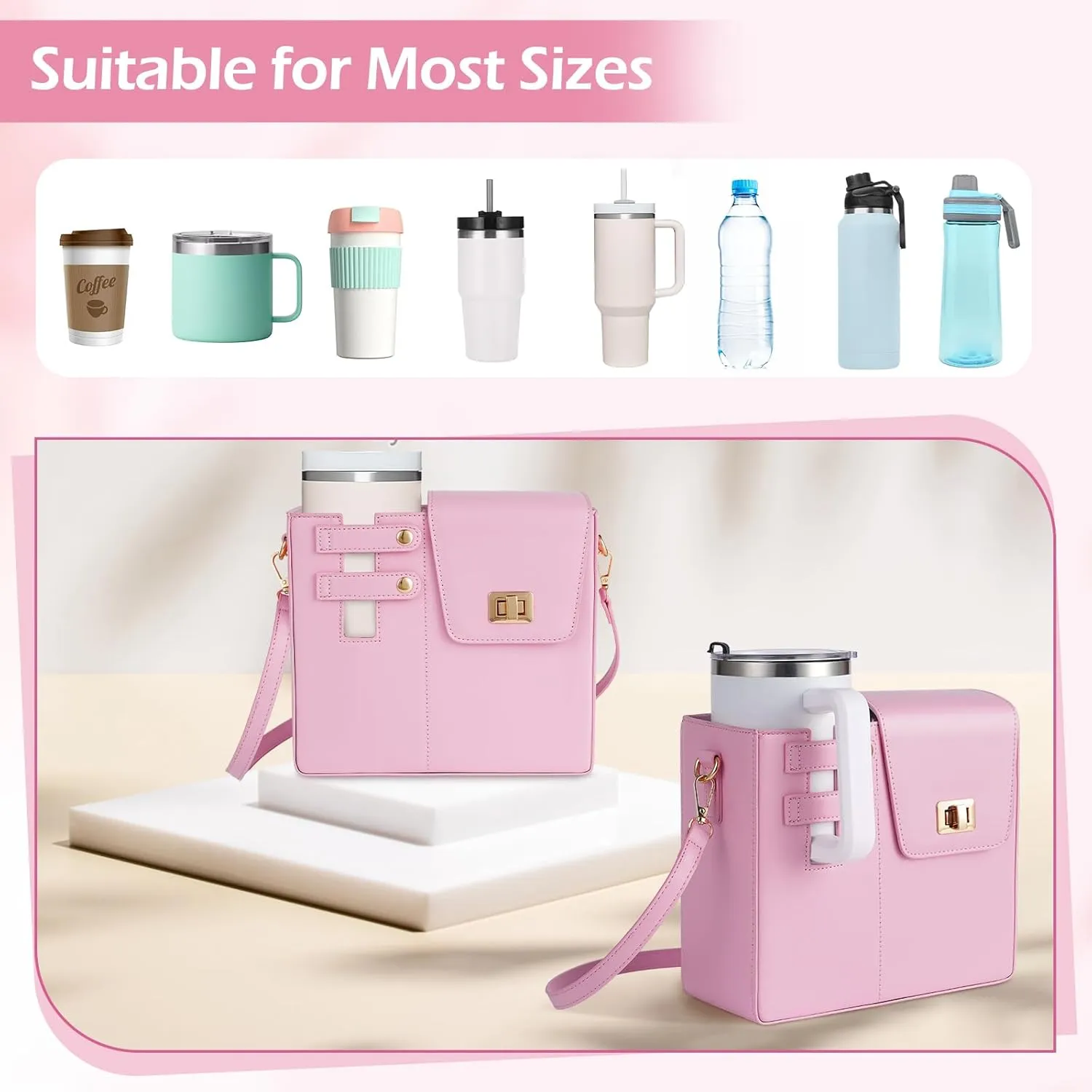 FACULX Outdoor Portable Crossbody Water Cup Storage Bags, Adjustable Crossbody Cup Holder Bag with Coin Purse and 2Pcs Replaceable Bag Strap for Travel Daily Use (Pink)