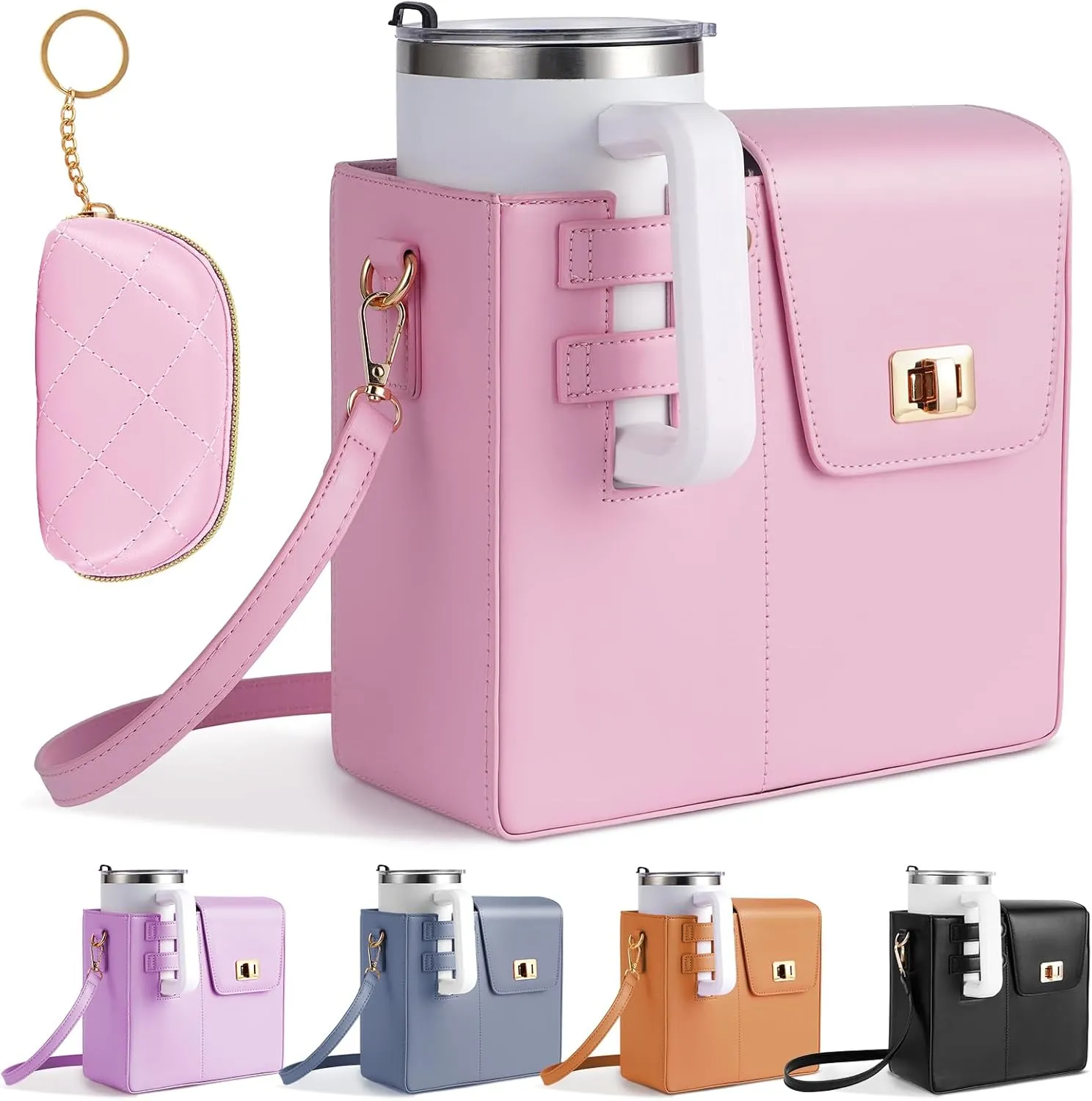 FACULX Outdoor Portable Crossbody Water Cup Storage Bags, Adjustable Crossbody Cup Holder Bag with Coin Purse and 2Pcs Replaceable Bag Strap for Travel Daily Use (Pink)