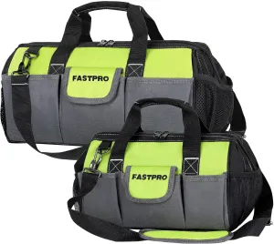FASTPRO 2-Piece Tool bags, 13-inch & 16-inch Wide Mouth Tool Storage Bags included, Multi-pocket Tool Organizer with Adjustable Shoulder Strap
