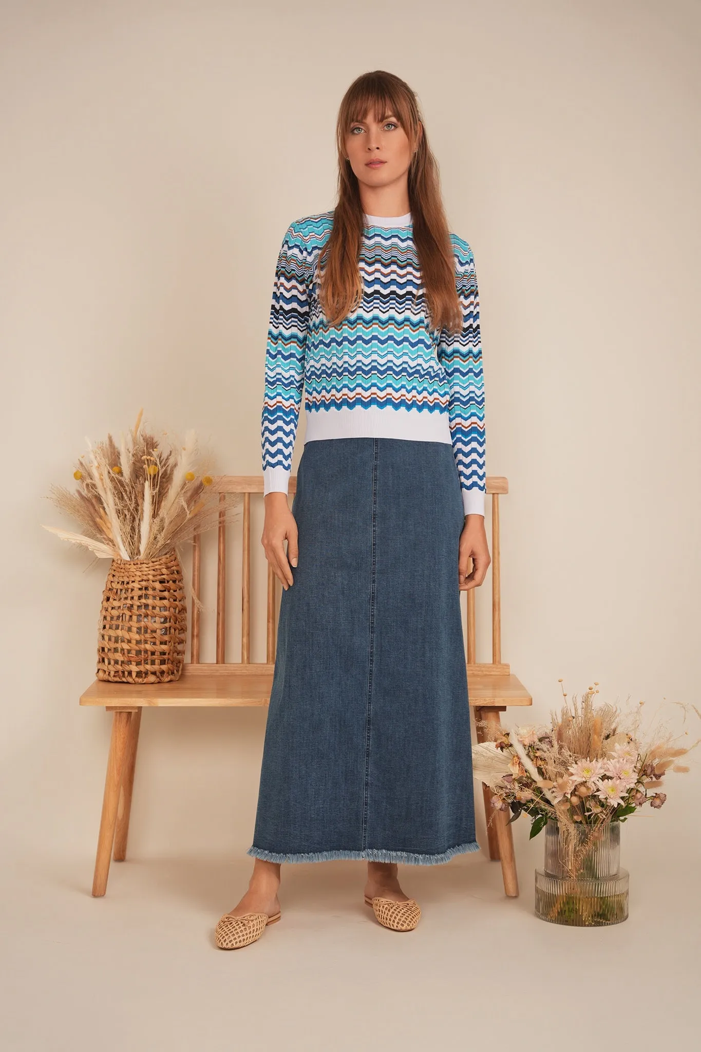 Faves Blue Denim Fringe A Line 38" Skirt