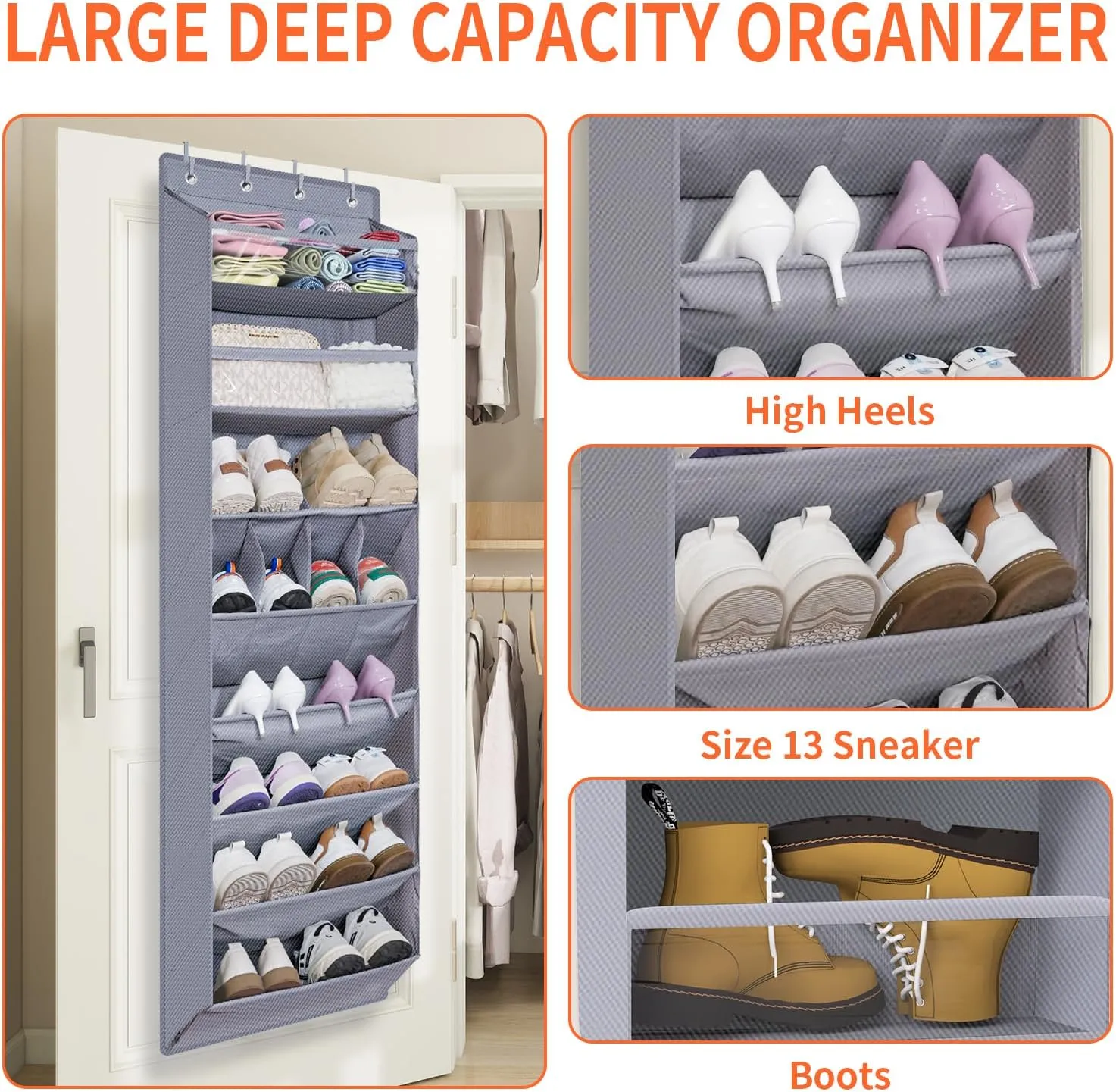 FENTEC 1 Pack Over The Door Shoe Organizer,68" Exlarge Deep Pockets Hanging Shoe Organizers, 8 Shelves Shoe Rack for Closet, Shoe Holder for Boots,Over Door Organizer in Home, RV, Dorm, Grey