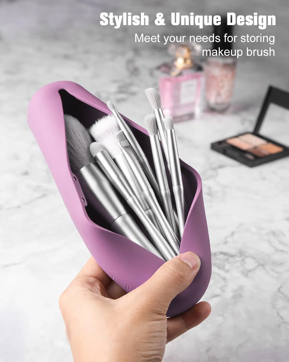 FERYES Makeup Brush Holder, Magnetic Anti-fall Out Silicon Portable Cosmetic Face Brushes Holder, Soft and Sleek Makeup Tools Organizer for Travel- Purple