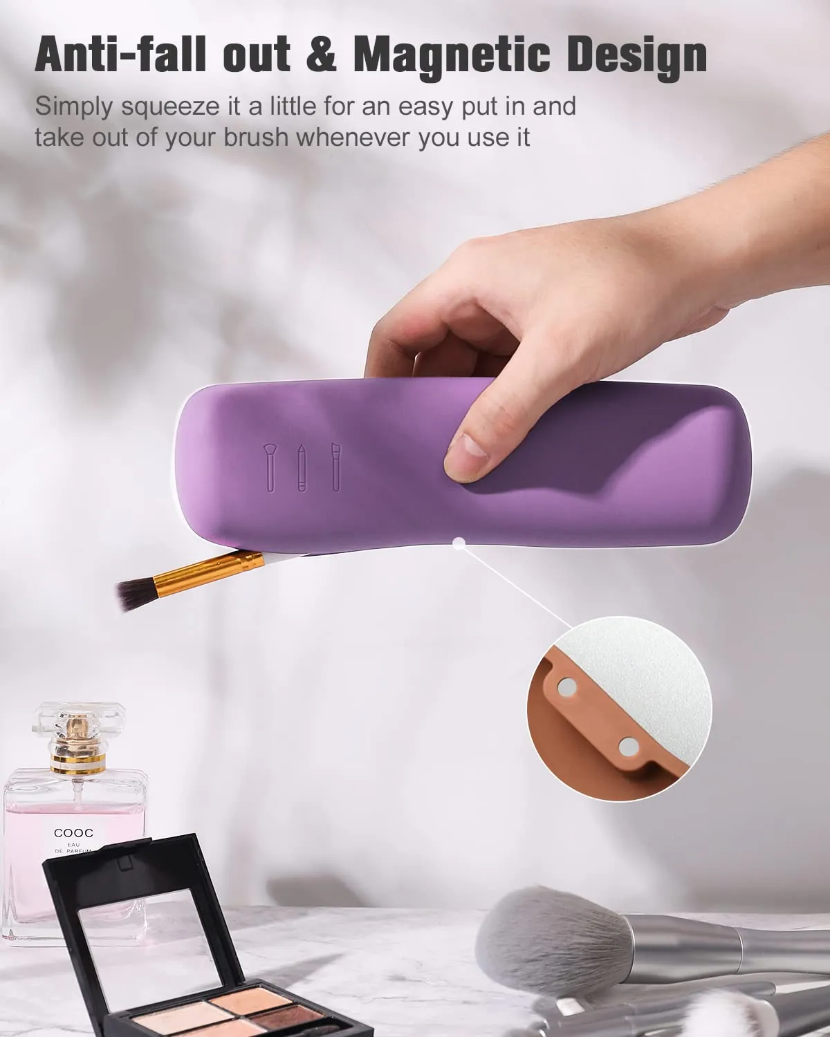 FERYES Makeup Brush Holder, Magnetic Anti-fall Out Silicon Portable Cosmetic Face Brushes Holder, Soft and Sleek Makeup Tools Organizer for Travel- Purple