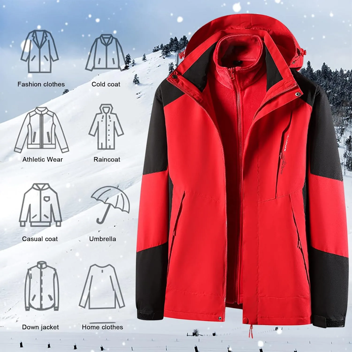 Finelylove Men's Waterproof 3 in 1 Ski Jacket Warm Fleece Lined Winter Snow Coat Windproof Hooded Raincoat Heavyweight