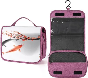 Fish,Waterproof Travel Toiletry Hanging Bag,Carp Couple Swimming Cherry Blossom,Makeup bag,Travel Organizers,Cosmetic Travel-Sized Container,Large Capacity for Women,Gray Red