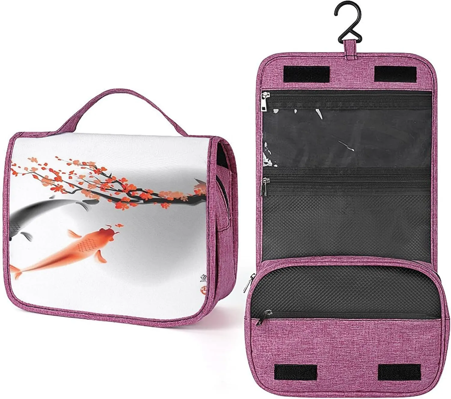 Fish,Waterproof Travel Toiletry Hanging Bag,Carp Couple Swimming Cherry Blossom,Makeup bag,Travel Organizers,Cosmetic Travel-Sized Container,Large Capacity for Women,Gray Red