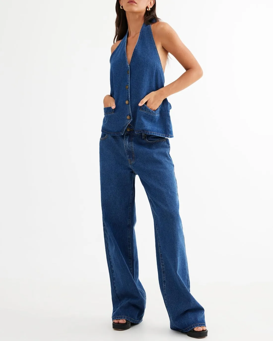 Fisoew Women's Two Piece Denim Set Button Down Backless Tank Top and Wide Leg Jeans 2 Piece Outfit Suits