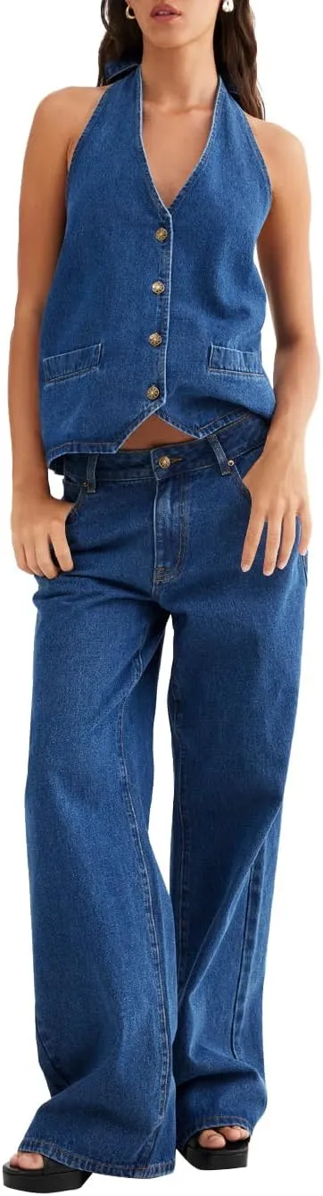 Fisoew Women's Two Piece Denim Set Button Down Backless Tank Top and Wide Leg Jeans 2 Piece Outfit Suits