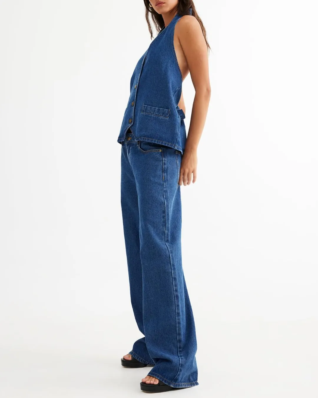 Fisoew Women's Two Piece Denim Set Button Down Backless Tank Top and Wide Leg Jeans 2 Piece Outfit Suits