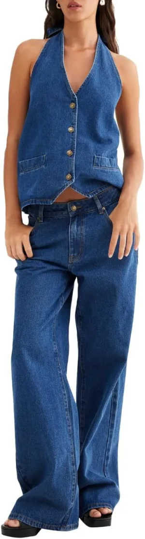 Fisoew Women's Two Piece Denim Set Button Down Backless Tank Top and Wide Leg Jeans 2 Piece Outfit Suits