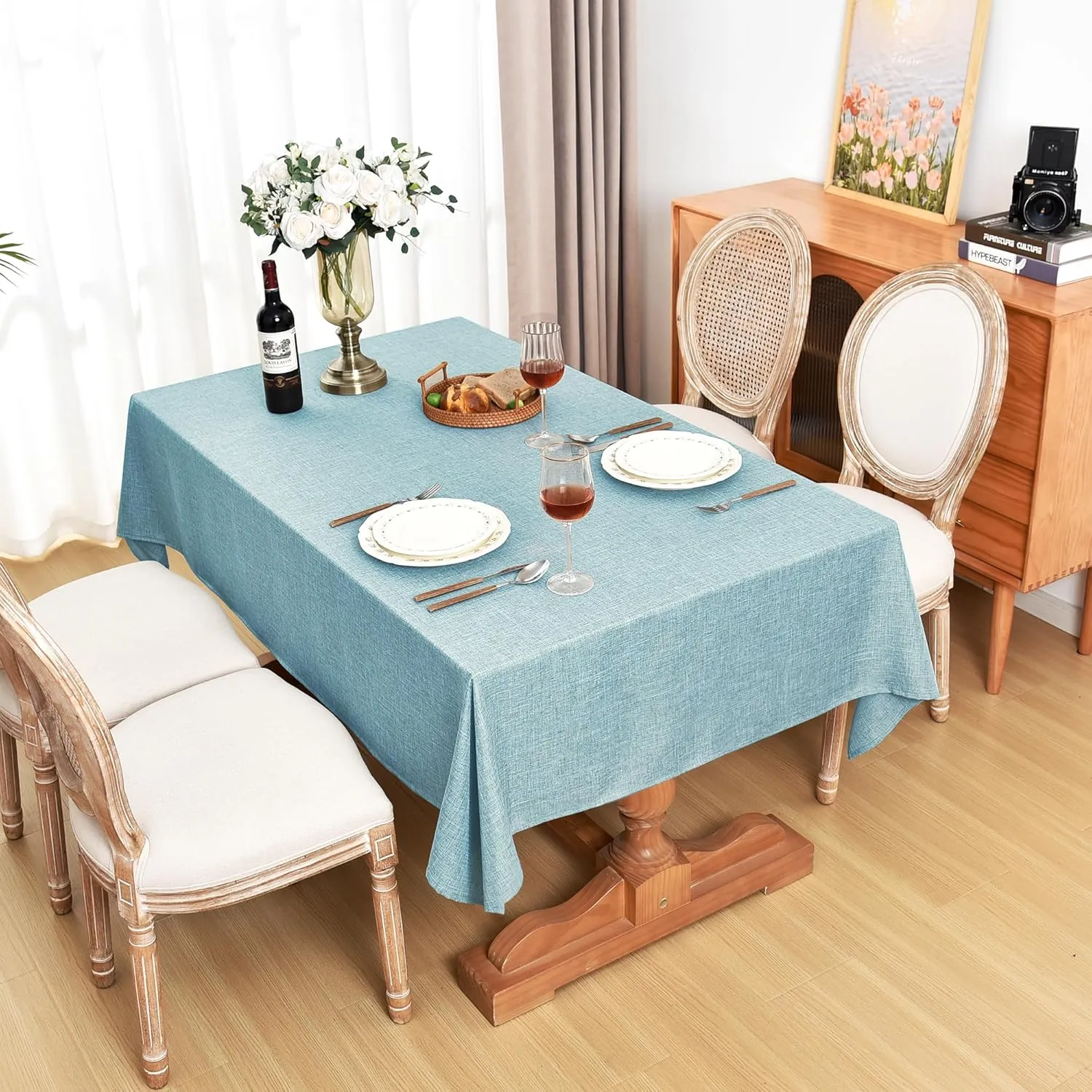 Fitable Linen Textured Square Tablecloths 2 Pack, Waterproof Fabric for 4 Ft Card/Coffee Tables, Holiday Covers for Kitchen, Party, Farmhouse (Turquoise, 54 x 54 Inch)