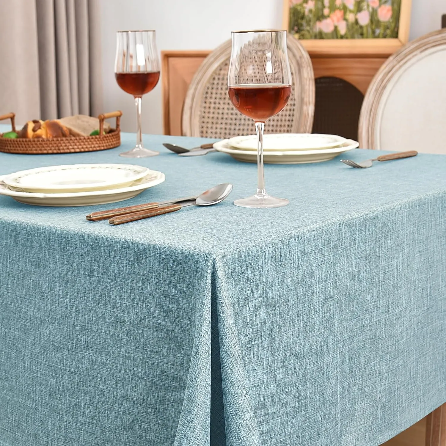 Fitable Linen Textured Square Tablecloths 2 Pack, Waterproof Fabric for 4 Ft Card/Coffee Tables, Holiday Covers for Kitchen, Party, Farmhouse (Turquoise, 54 x 54 Inch)
