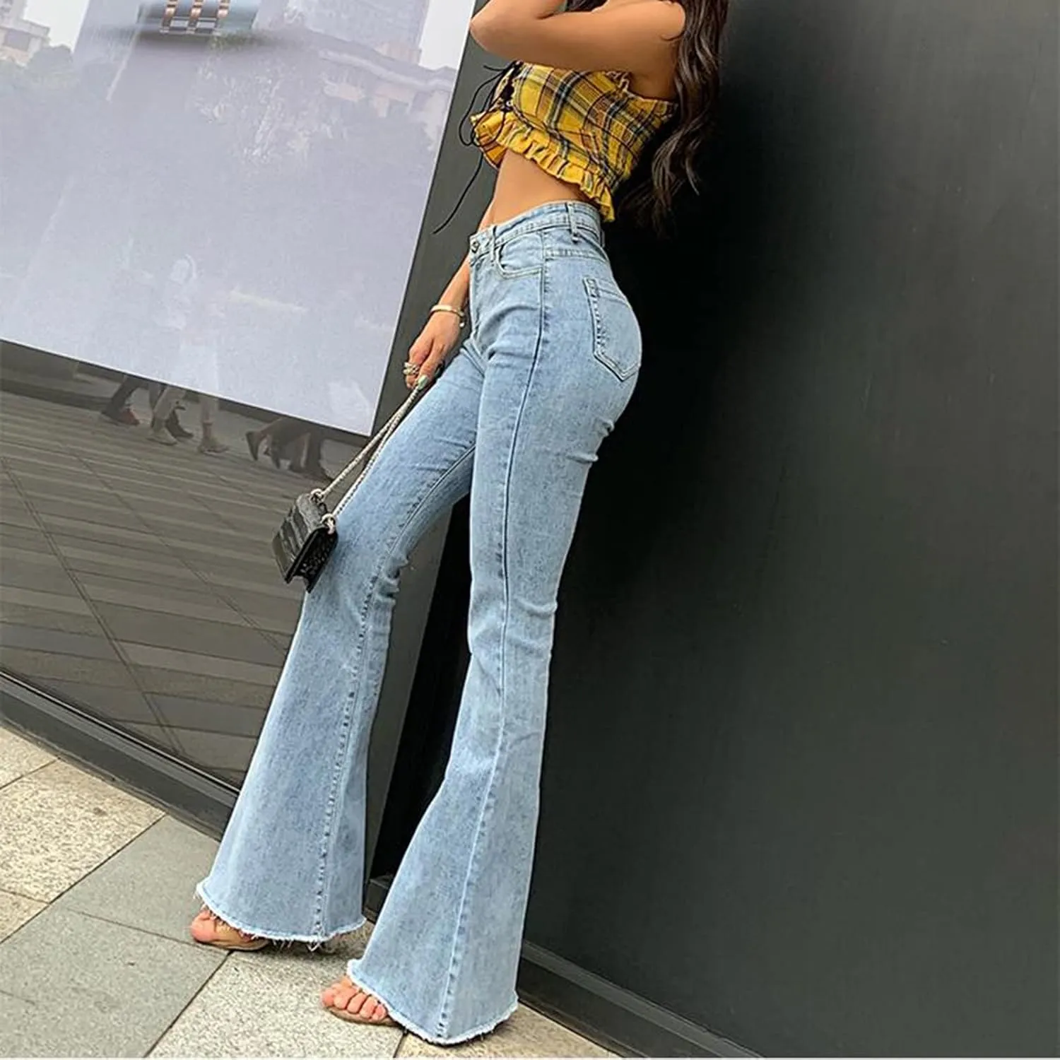 Flare Jeans for Women Bell Bottom Jeans Curvy Slim Fit Butt Lifting Denim Skinny Jeans Raw Hem Flare Denim Pants