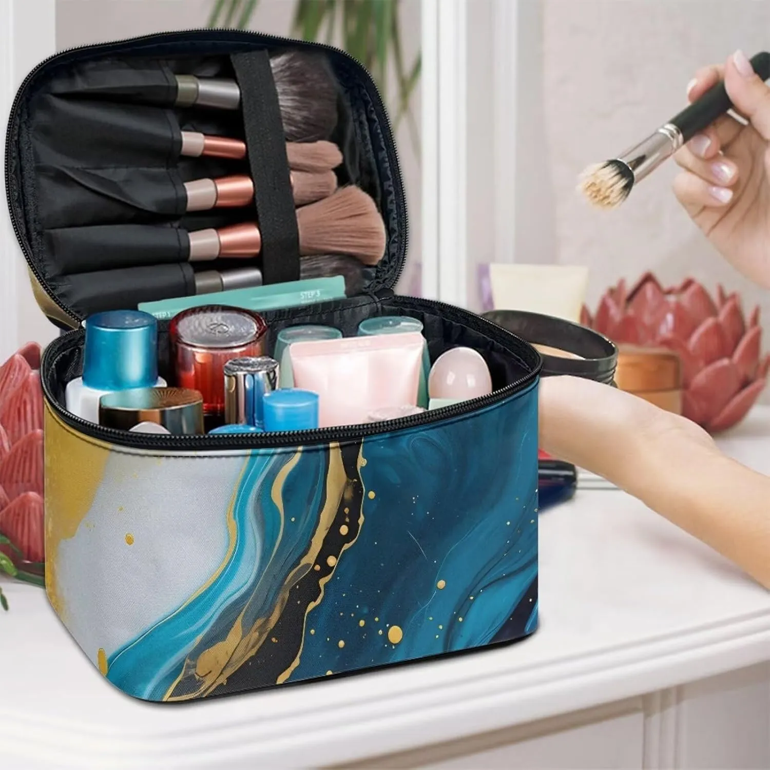 Flashideas Blue Marble Print Make Up Bag Zipper Makeup Organizer Large Capacity Travel Toiletry Bag Easy to Take Can Hold Makeup Brushes Skincare for Cosmetics Vertical Storage