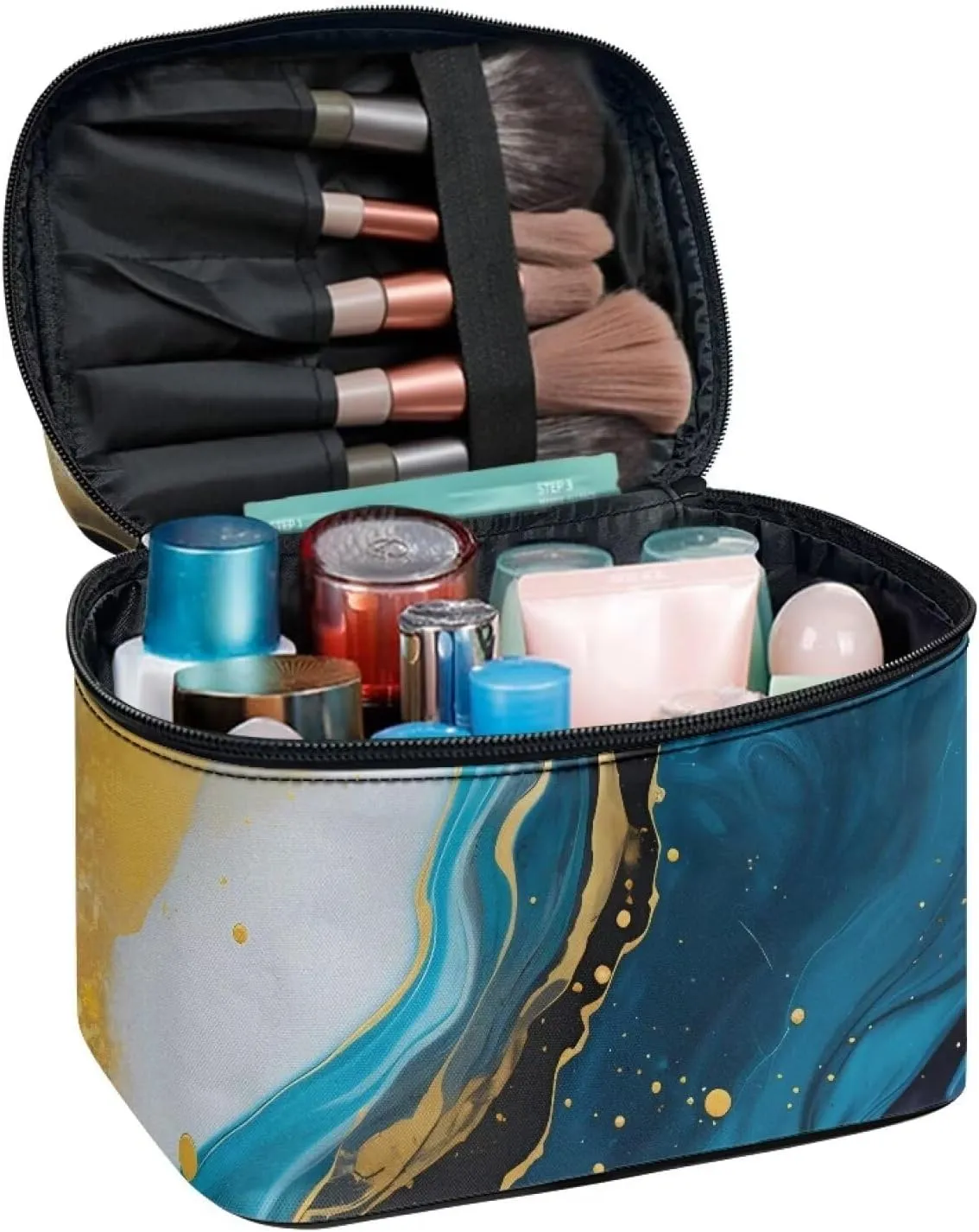 Flashideas Blue Marble Print Make Up Bag Zipper Makeup Organizer Large Capacity Travel Toiletry Bag Easy to Take Can Hold Makeup Brushes Skincare for Cosmetics Vertical Storage