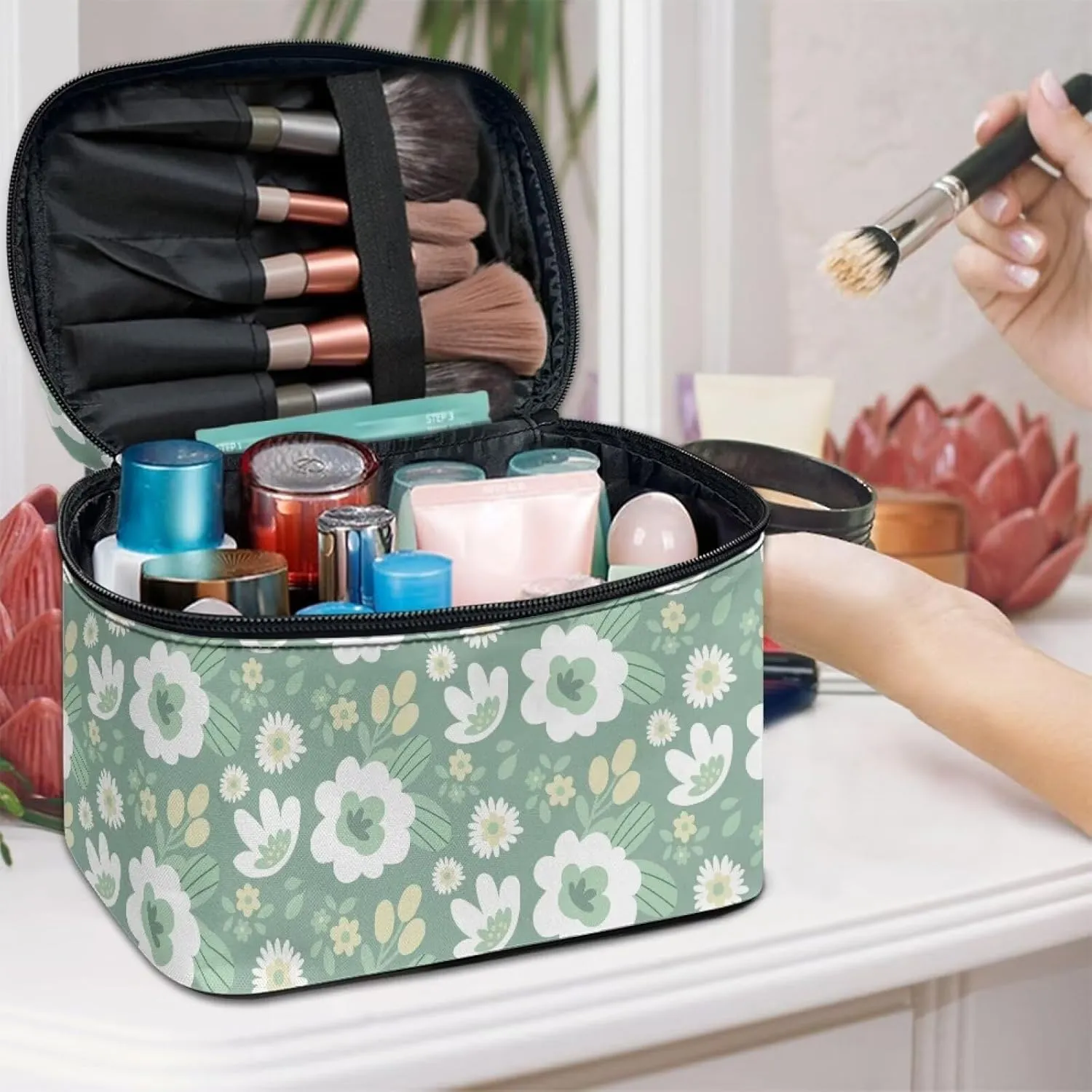 Flashideas Cartoon Flower Cosmetic Bag Makeup Organizer Bag for Travel Can Hold Makeup Brushes Skincare Large Capacity Travel Toiletry Bag with Handle for Jewelry, Lipstick, Cosmetic Box
