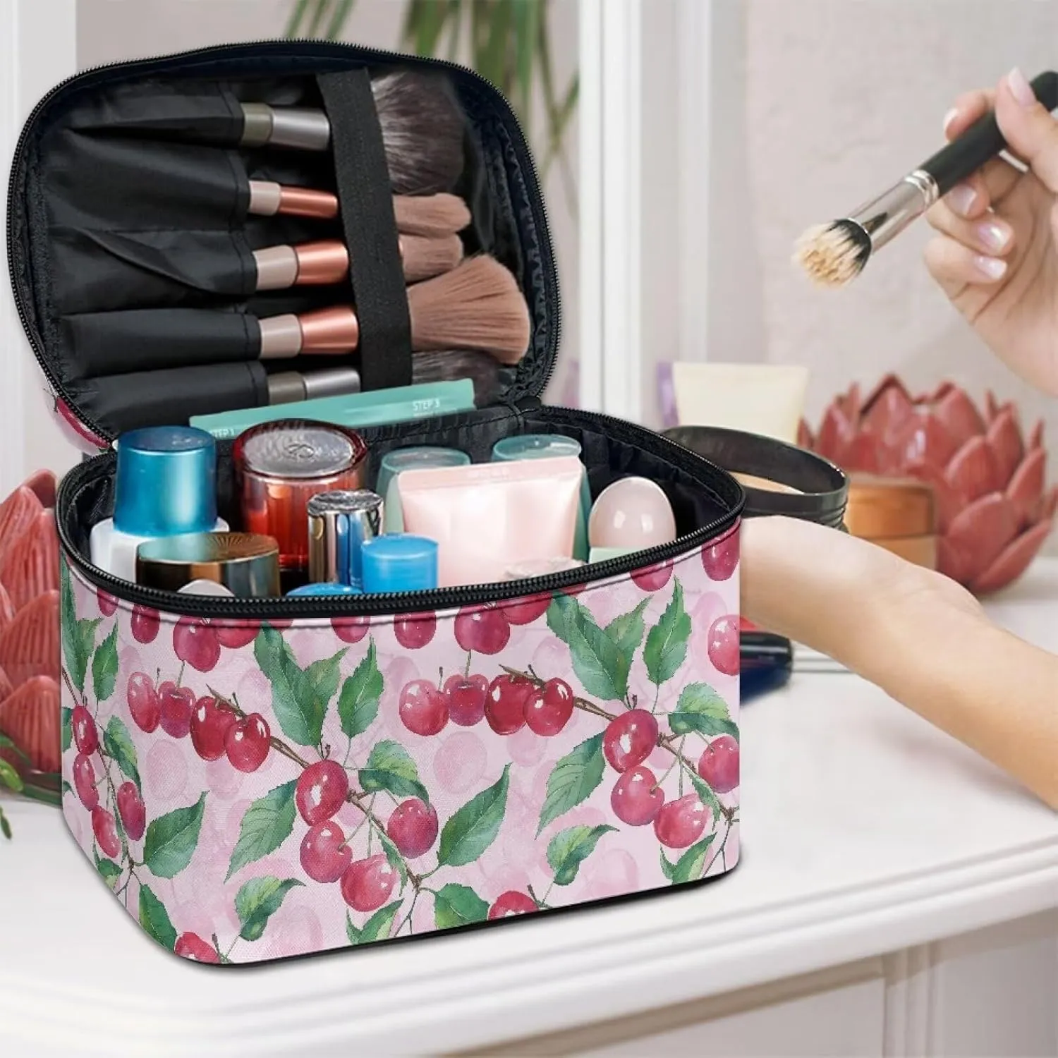 Flashideas Cherry Make Up Bag Zipper Makeup Organizer Large Capacity Travel Toiletry Bag Easy to Take Can Hold Makeup Brushes Skincare for Cosmetics Vertical Storage