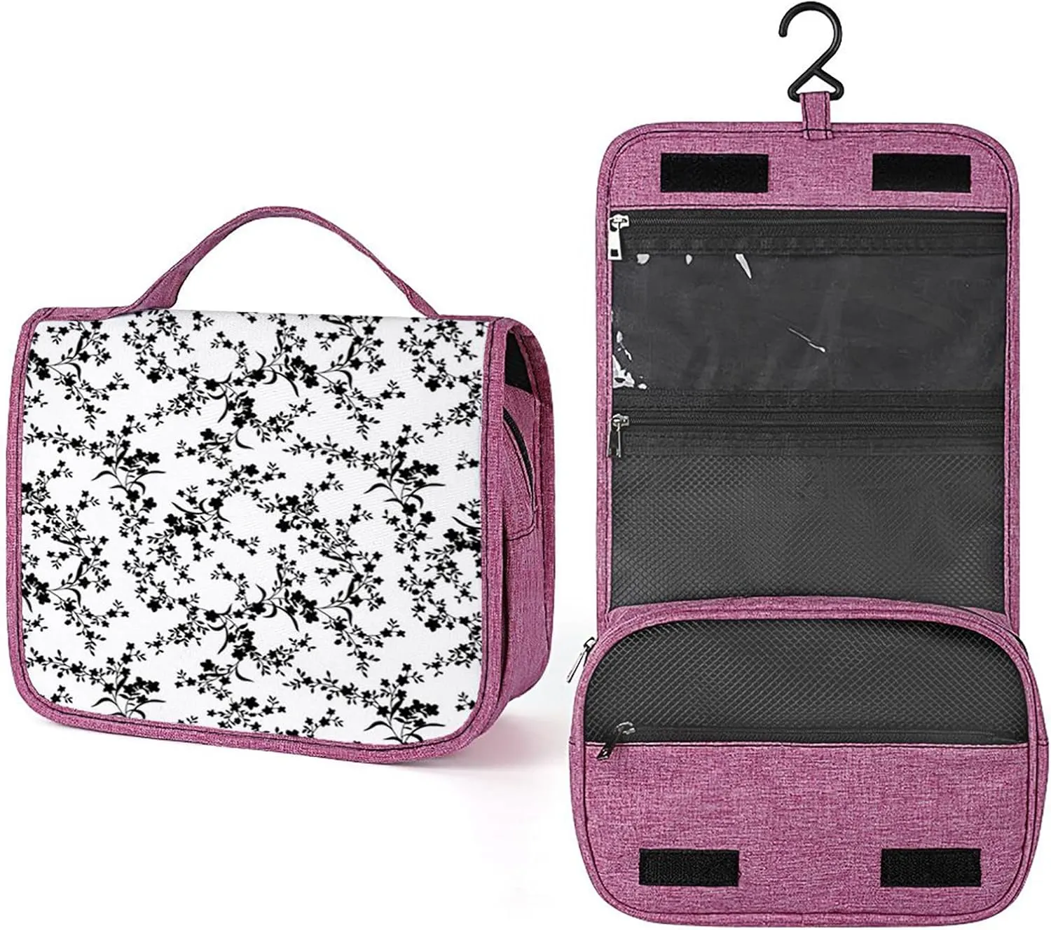 Floral Pattern,Makeup Bag Cosmetic Travel Bag with Hanging Hook,Victorian Style Flower,Water-resistant Make Up Bag Organizer for Brushes,Full-size Container,Toiletries,Black White