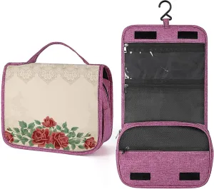 Floral Print,Toiletry Bag Travel Bag with Hanging Hook,Vintage Red Rose Love,Water-resistant Makeup Cosmetic Bag Organizer for Accessories, Shampoo, Full-size Container,Toiletries,Beige Green