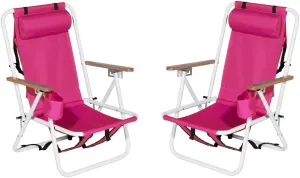 Folding Beach Chair, 4 Position Reclining Backpack Camping Chairs with Headrest Cup Holder Wooden Armrests Heavy Duty Portable Lounge Chairs for Beach Backyard Travel (2, Pink)
