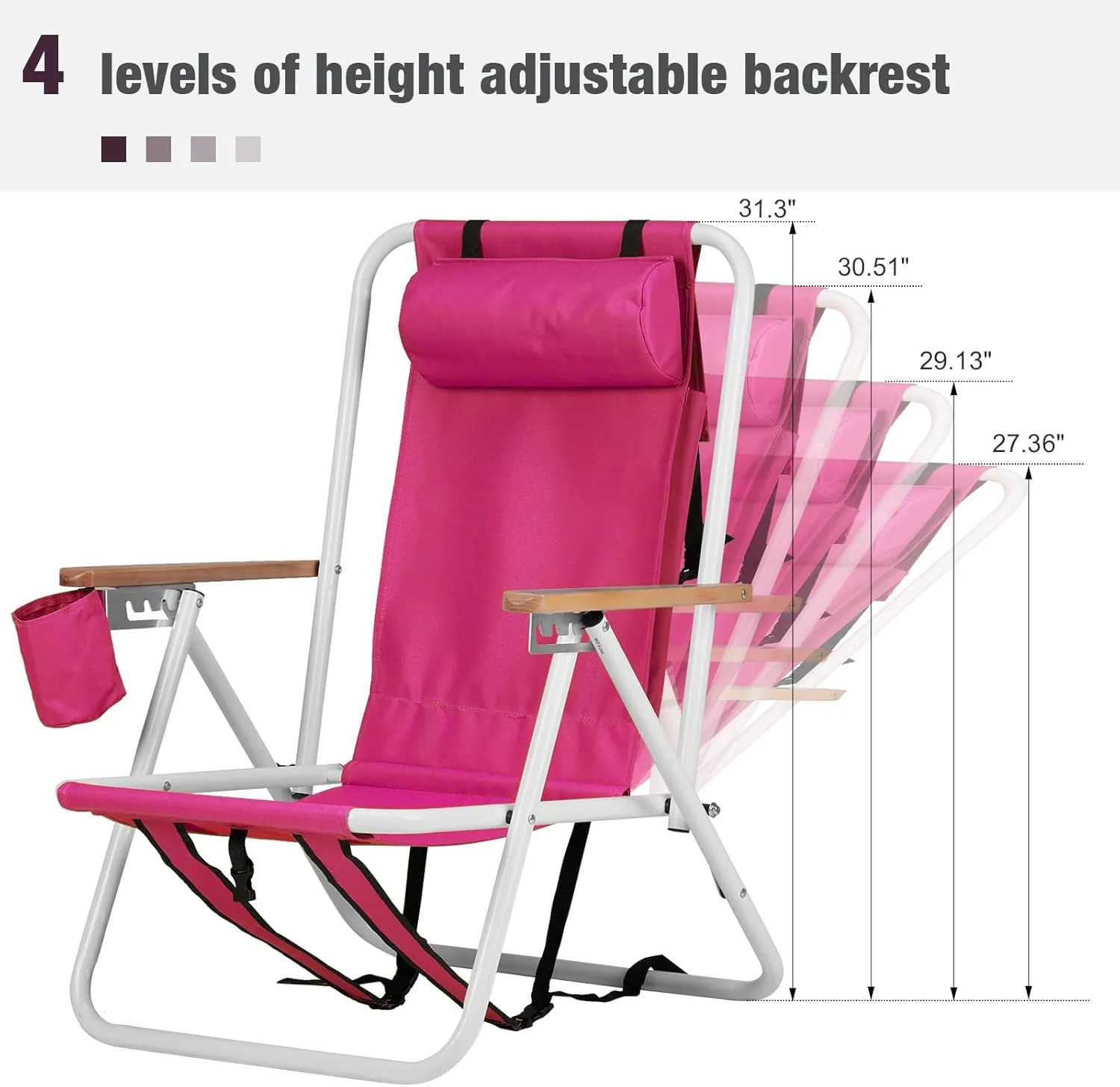Folding Beach Chair, 4 Position Reclining Backpack Camping Chairs with Headrest Cup Holder Wooden Armrests Heavy Duty Portable Lounge Chairs for Beach Backyard Travel (2, Pink)