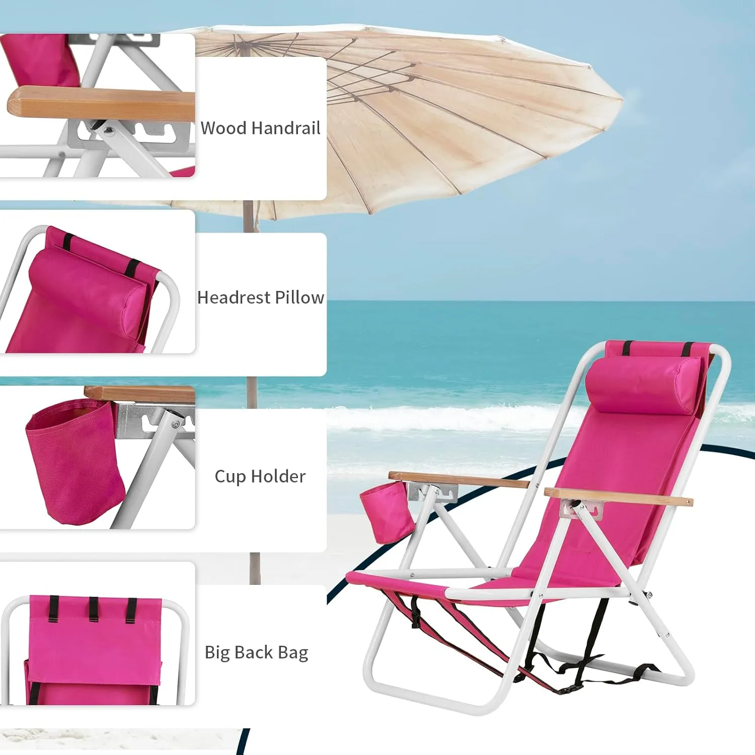 Folding Beach Chair, 4 Position Reclining Backpack Camping Chairs with Headrest Cup Holder Wooden Armrests Heavy Duty Portable Lounge Chairs for Beach Backyard Travel (2, Pink)
