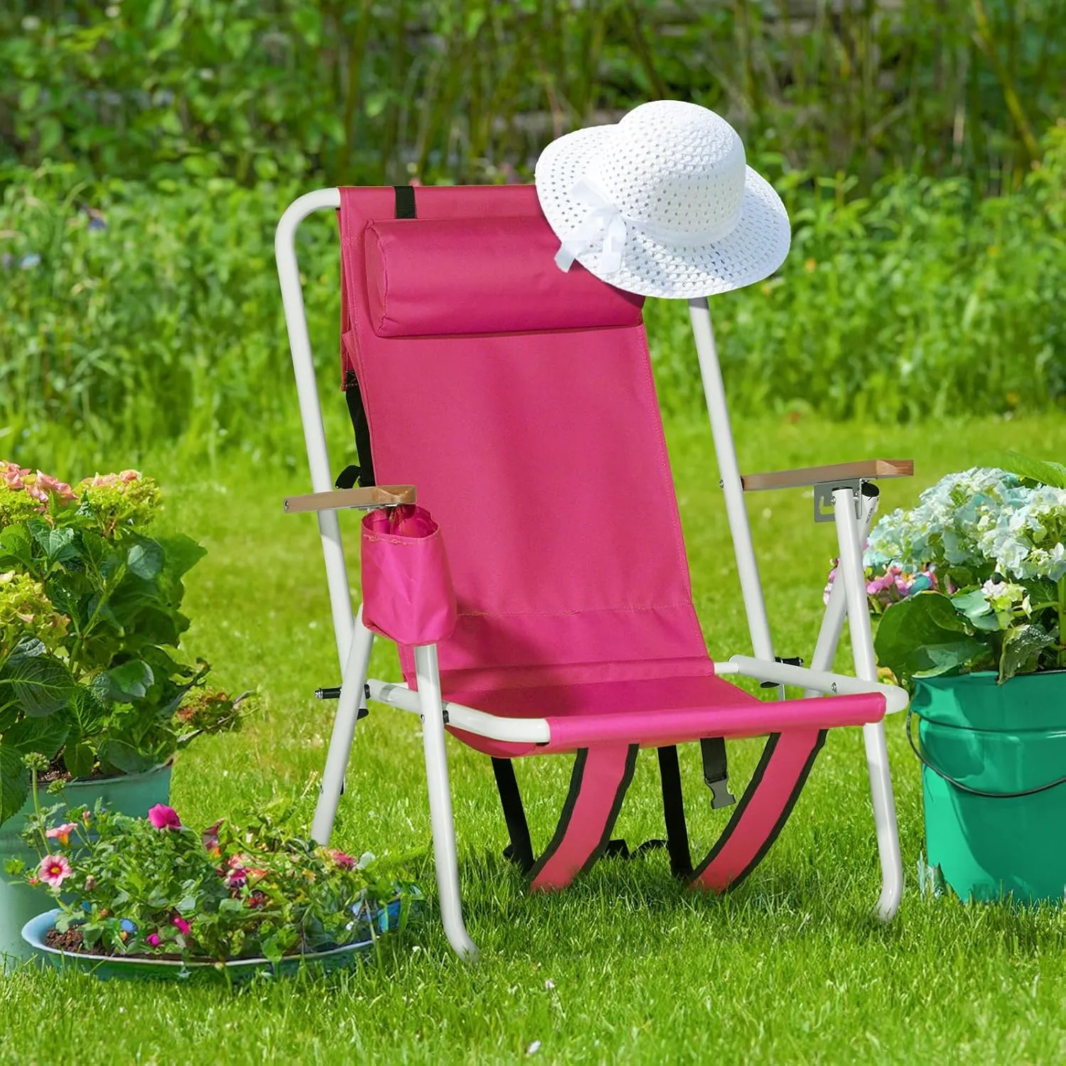 Folding Beach Chair, 4 Position Reclining Backpack Camping Chairs with Headrest Cup Holder Wooden Armrests Heavy Duty Portable Lounge Chairs for Beach Backyard Travel (2, Pink)