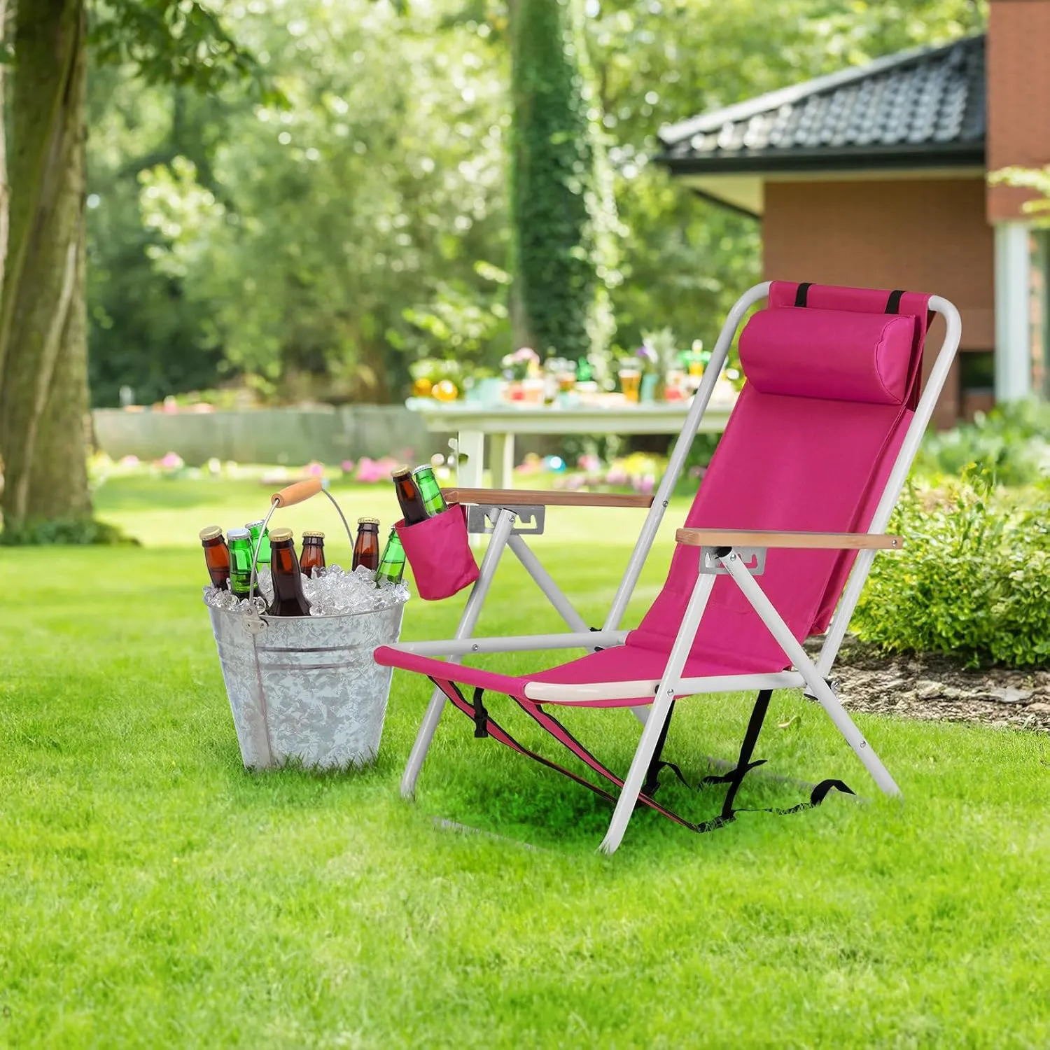 Folding Beach Chair, 4 Position Reclining Backpack Camping Chairs with Headrest Cup Holder Wooden Armrests Heavy Duty Portable Lounge Chairs for Beach Backyard Travel (2, Pink)