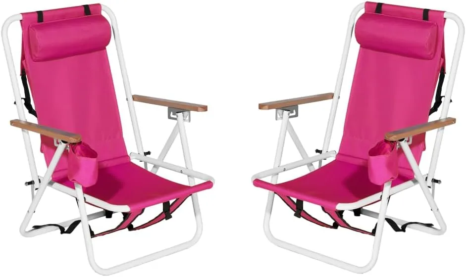 Folding Beach Chair, 4 Position Reclining Backpack Camping Chairs with Headrest Cup Holder Wooden Armrests Heavy Duty Portable Lounge Chairs for Beach Backyard Travel (2, Pink)