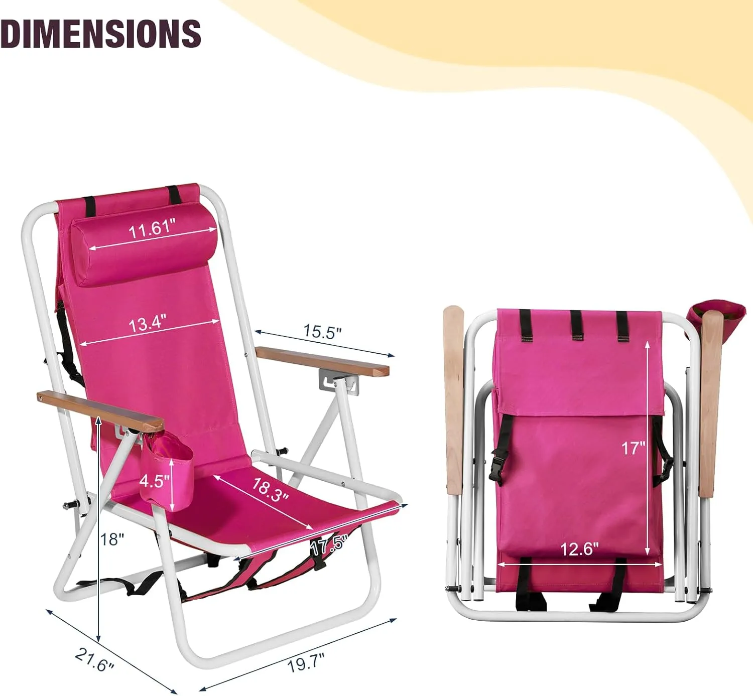 Folding Beach Chair, 4 Position Reclining Backpack Camping Chairs with Headrest Cup Holder Wooden Armrests Heavy Duty Portable Lounge Chairs for Beach Backyard Travel (2, Pink)