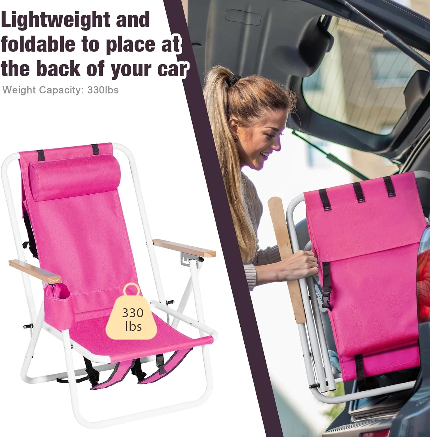 Folding Beach Chair, 4 Position Reclining Backpack Camping Chairs with Headrest Cup Holder Wooden Armrests Heavy Duty Portable Lounge Chairs for Beach Backyard Travel (2, Pink)