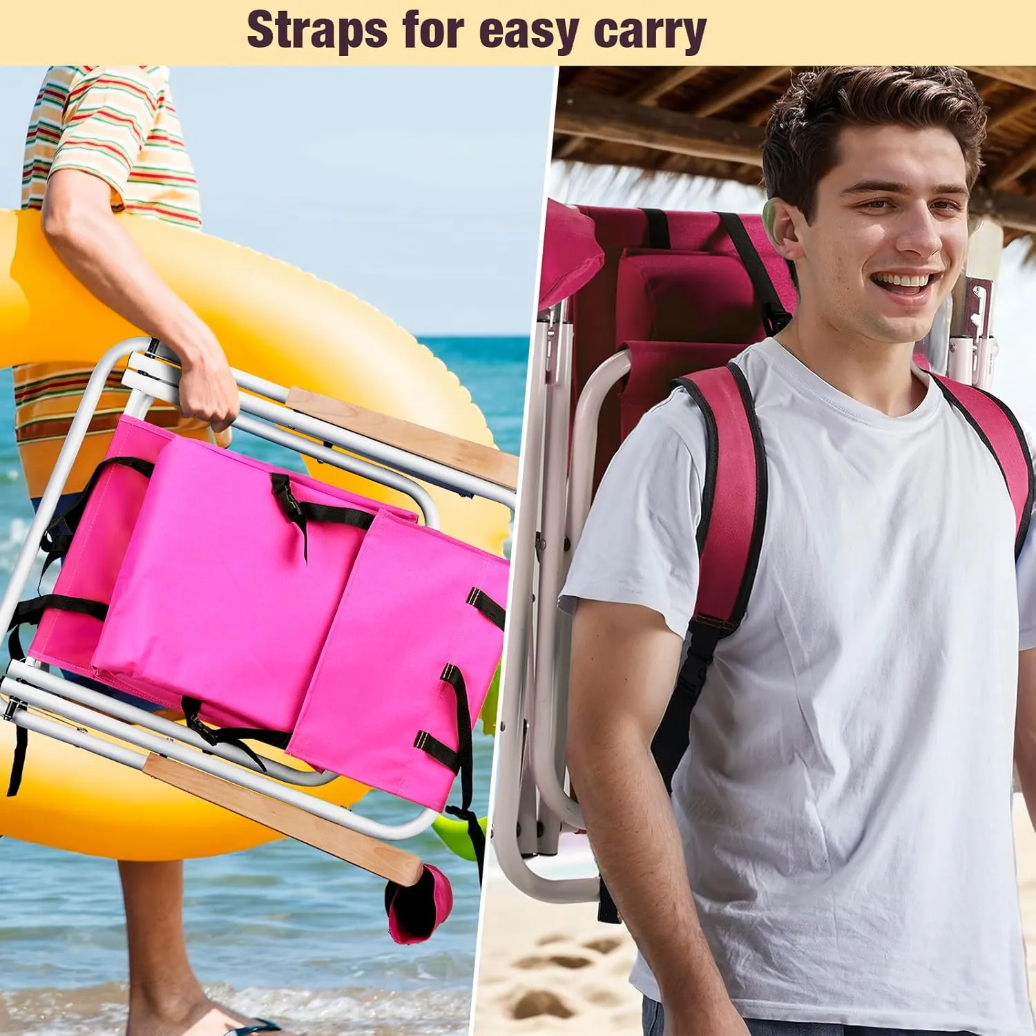 Folding Beach Chair, 4 Position Reclining Backpack Camping Chairs with Headrest Cup Holder Wooden Armrests Heavy Duty Portable Lounge Chairs for Beach Backyard Travel (2, Pink)