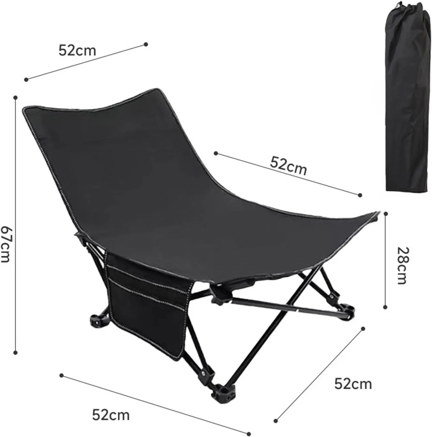 Folding Camping Chair Heavy Duty Padded Outdoor Chair with Side Pocket, Carry Bag Included, 120 KG Weight Capacity, Thicken 600D Oxford Lightweight Beach Chair, Black